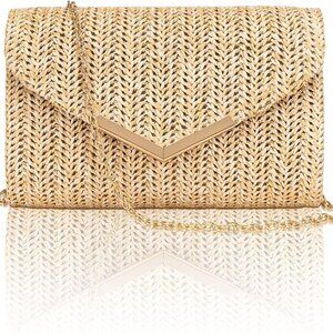 Straw Purse for Women, Summer Woven Beach Purse Trendy with Chain Strap, Boho En